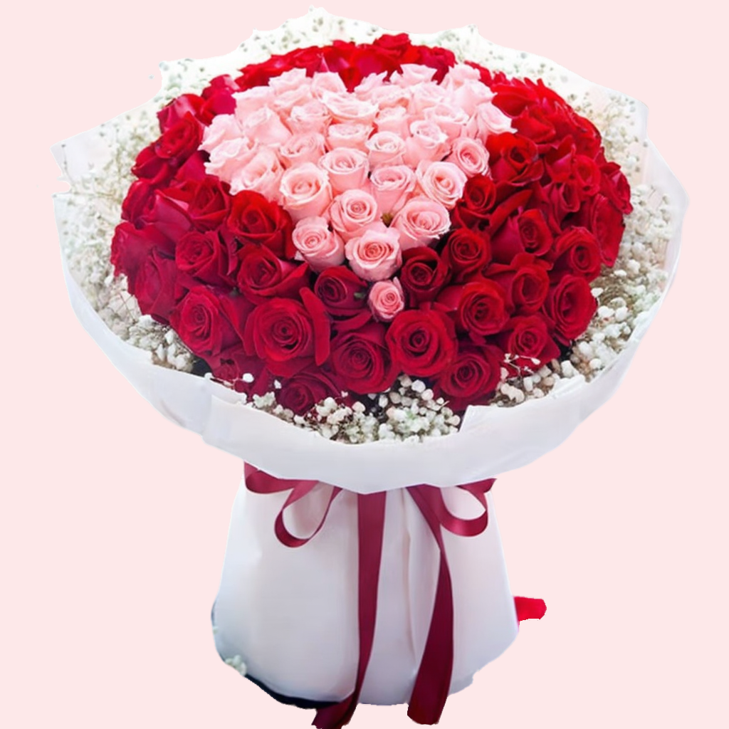 99 mixed heart-shaped roses (66 red roses, 33 pink roses) with baby's breath