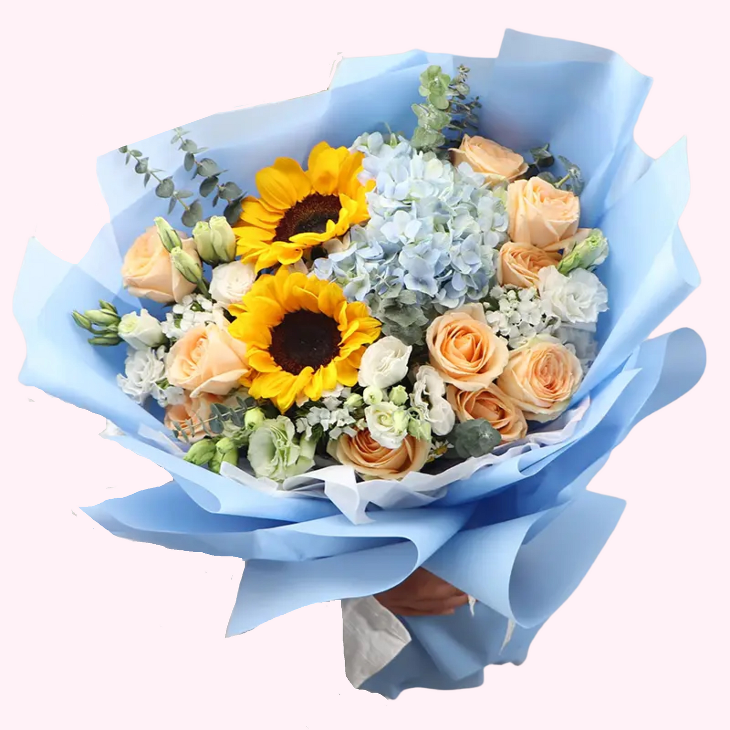 向日葵藍色繡球花香檳玫瑰花配白桔梗尤加利花束