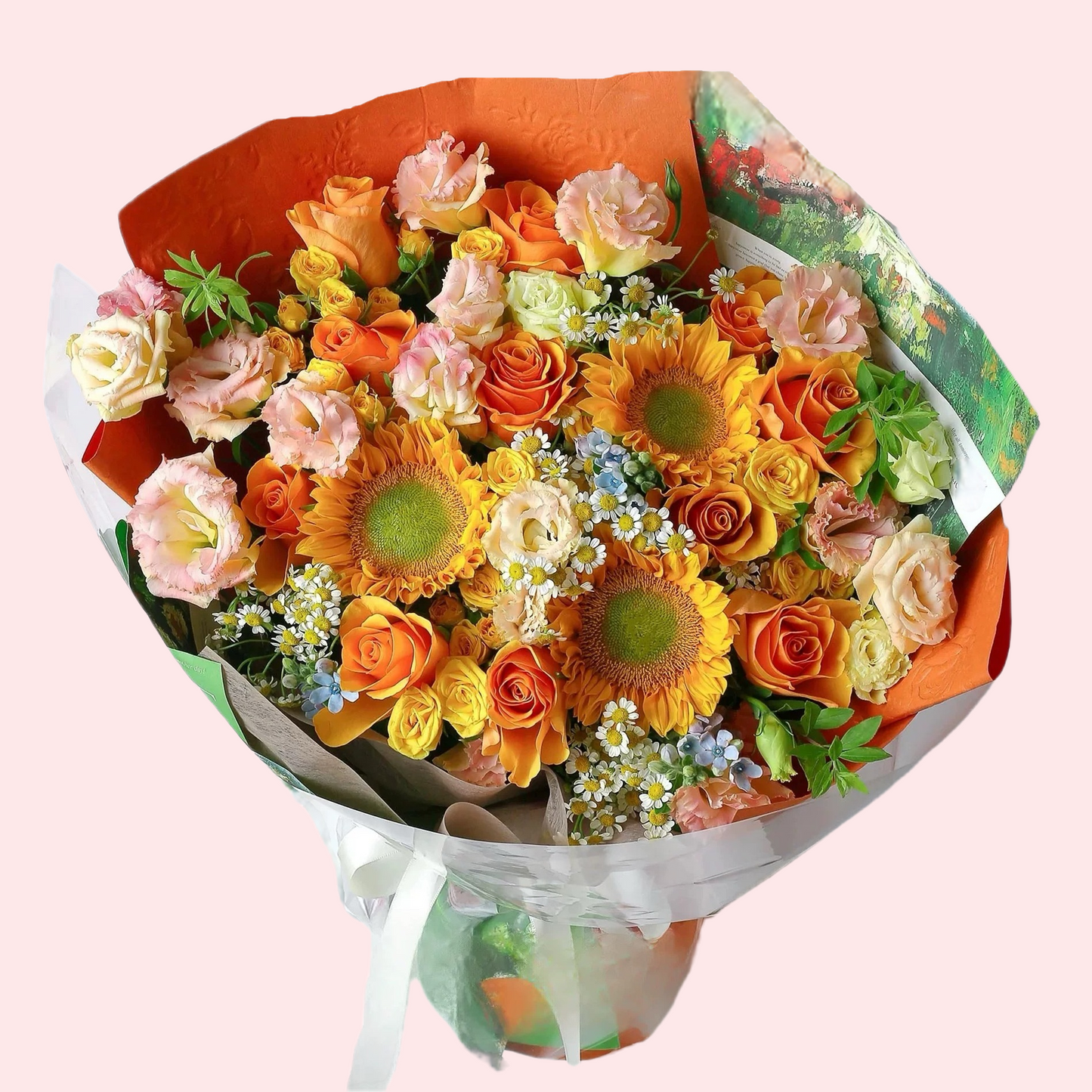 Three heart-shaped sunflowers, orange and yellow roses, pink lisianthus with small blue flowers, chamomile