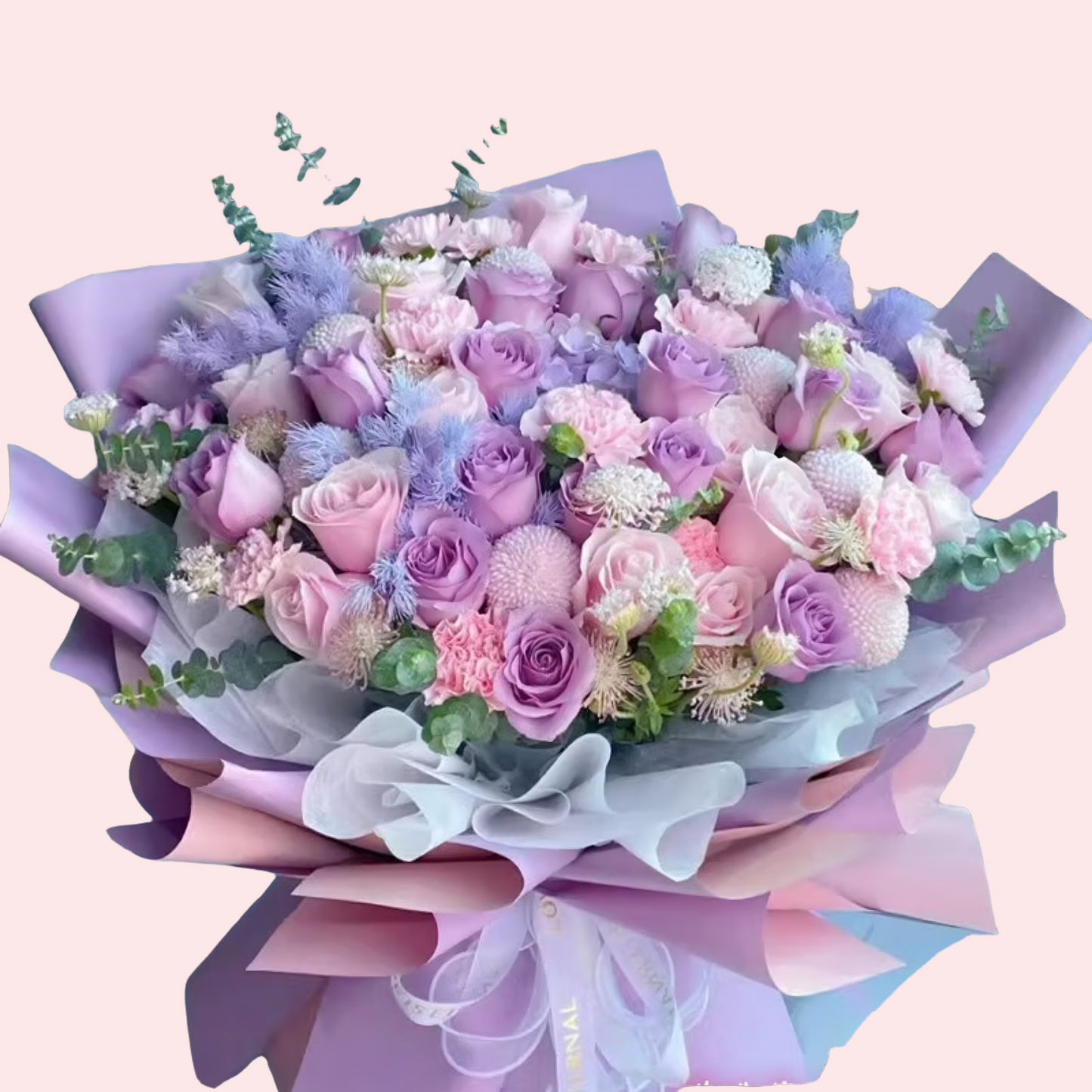 Purple roses, pink roses, ping pong chrysanthemums bouquet
