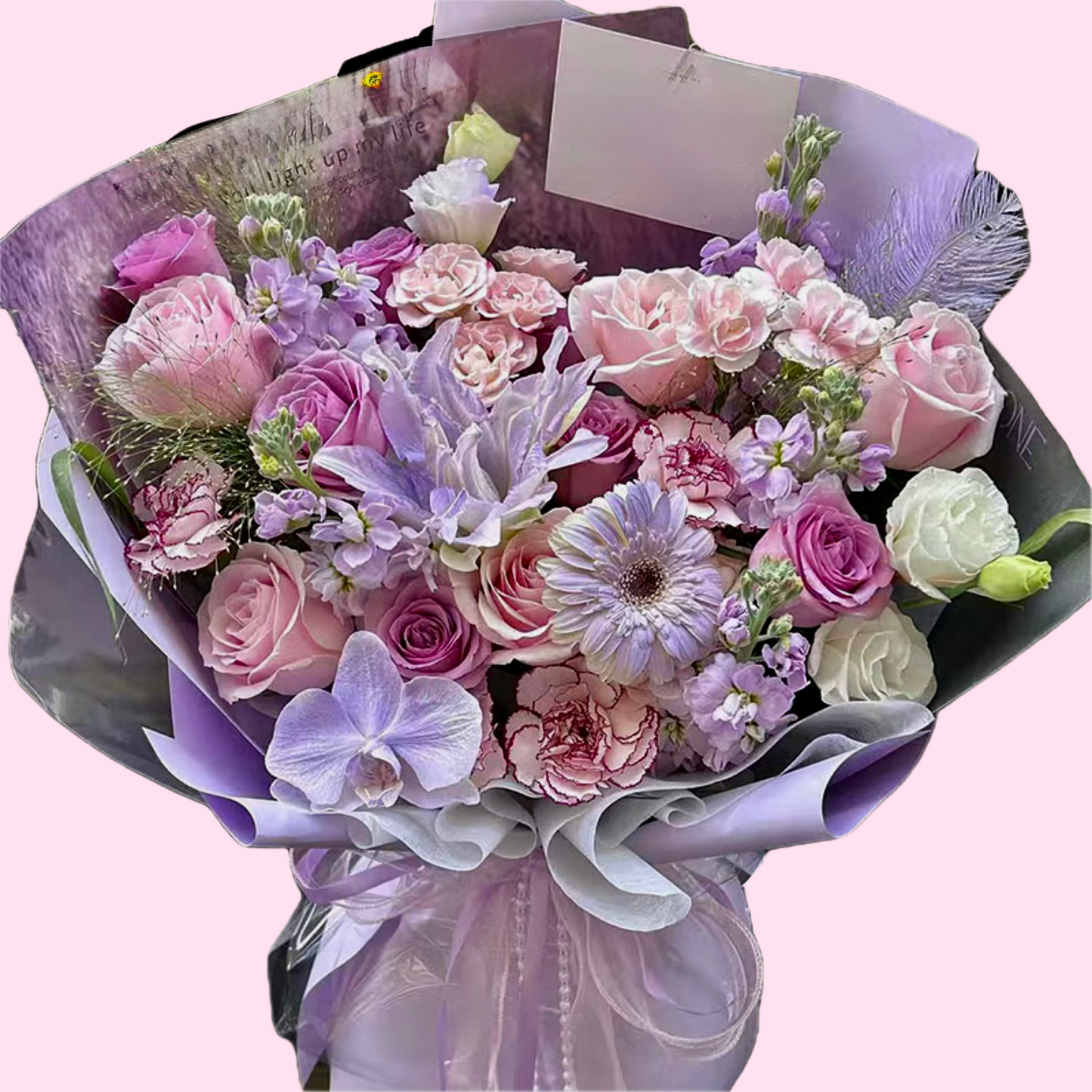 紫玫瑰、粉玫瑰、蝴蝶蘭、非洲菊、康乃馨、洋桔梗、紫羅蘭花束