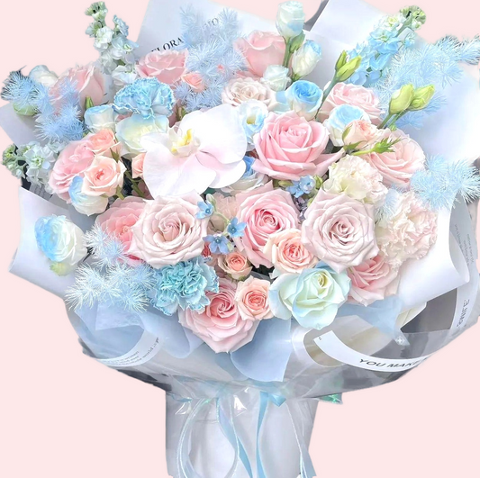 11 pink snow mountain mix, crushed ice blue roses, carnations with phalaenopsis, violets, blue star bouquet
