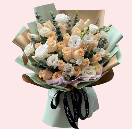 33 champagne roses, white rose bouquet
