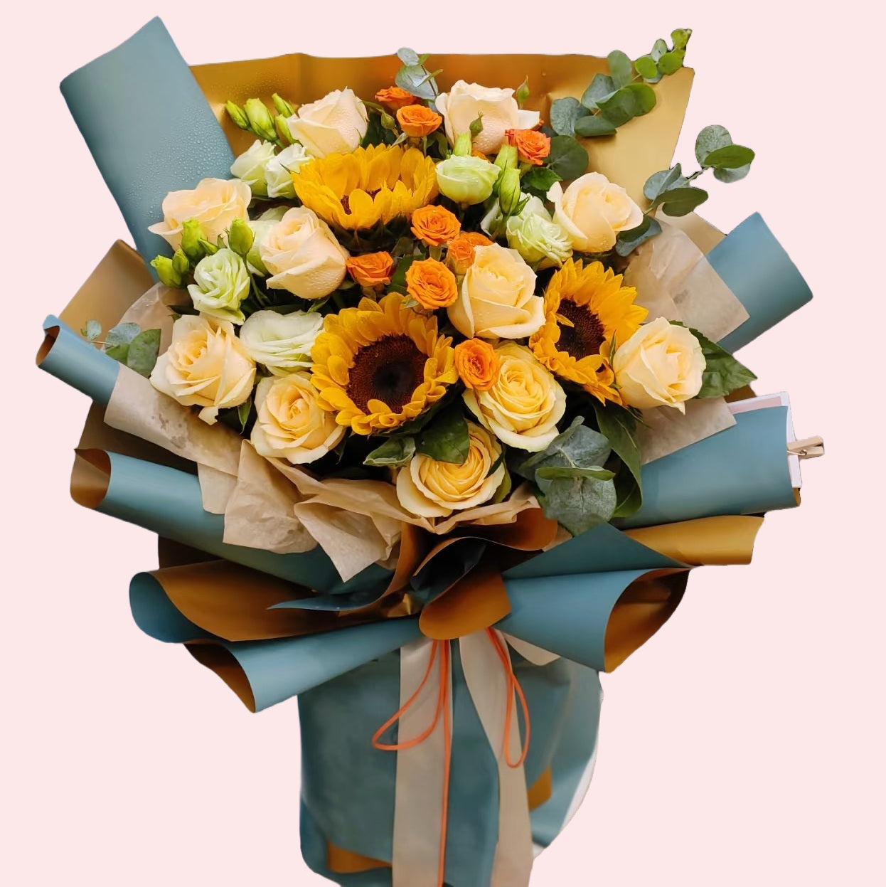 3 stems with sunflowers, champagne roses, and orange multi-head bubble bouquet