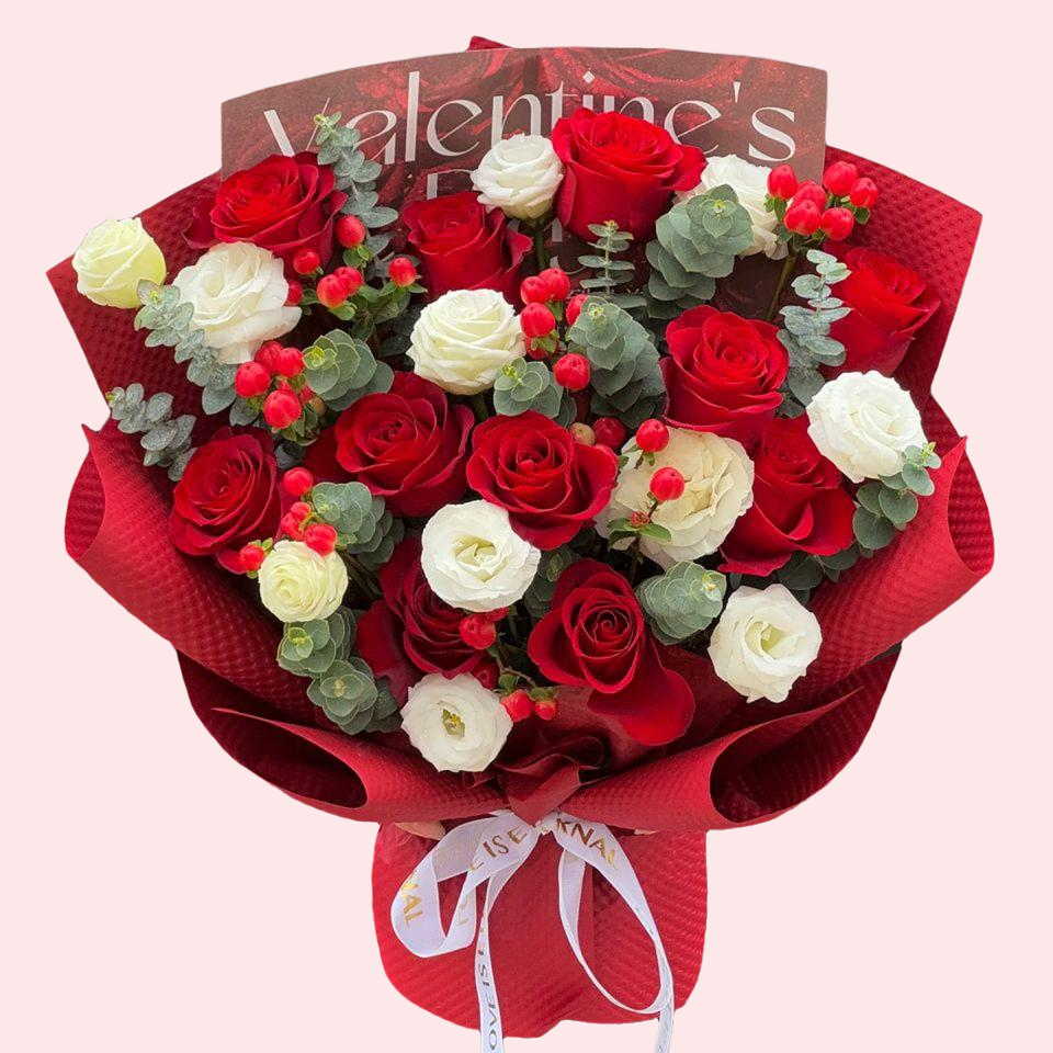 Red roses with white lisianthus and red beans bouquet