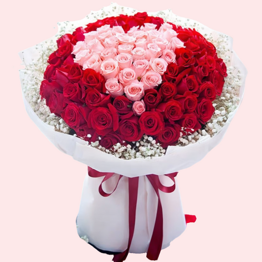 99 mixed heart-shaped roses (66 red roses, 33 pink roses) with baby's breath
