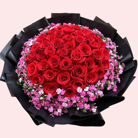 33 red roses with baby's breath bouquet