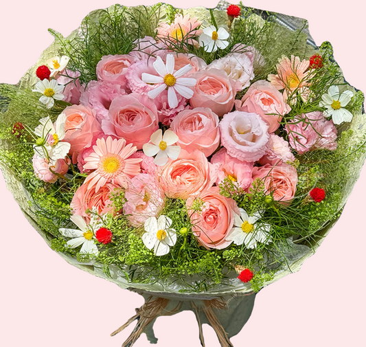 11 pink roses with chamomile and small white flowers