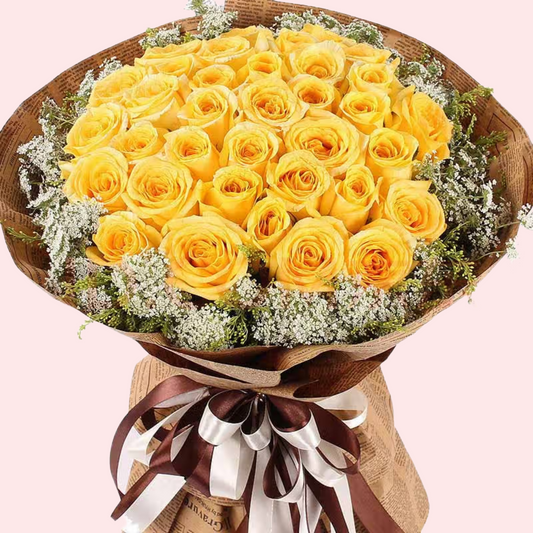 33 yellow roses and baby's breath bouquet
