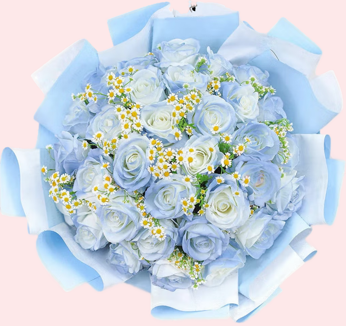 33 crushed ice blue roses bouquet with chamomile bouquet