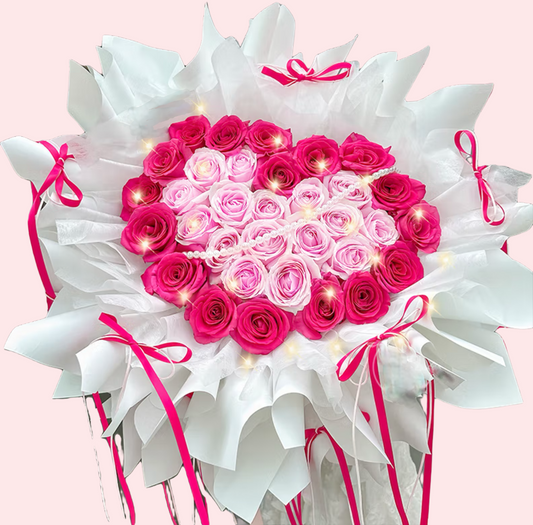 33 heart-shaped pink and red roses bouquet