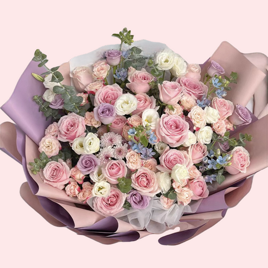 28 pink and purple roses with blue star flowers, white platycodon grandiflorum, and pink chrysanthemums