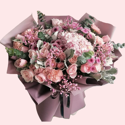 28 pink roses, 1 pink hydrangea with pink and purple chrysanthemums, baby's breath