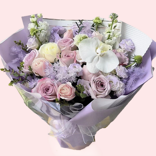Pink and purple roses, with Phalaenopsis and Platycodon grandiflorum bouquet