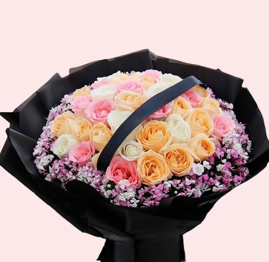 33 pink, champagne, and white roses with purple baby's breath