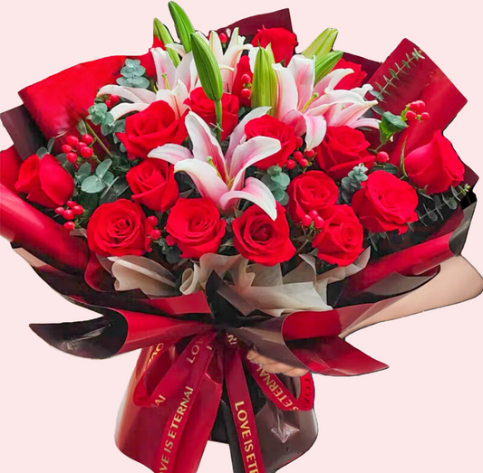 9 red roses, pink lilies and red beans bouquet