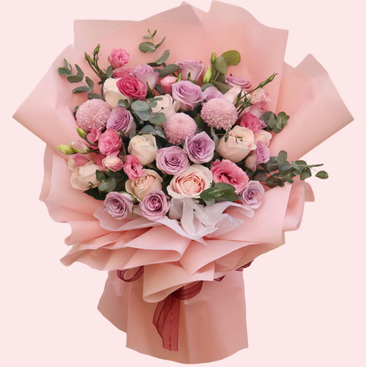 Purple roses, pink roses, platycodon grandiflorum, and chrysanthemum flower bouquets