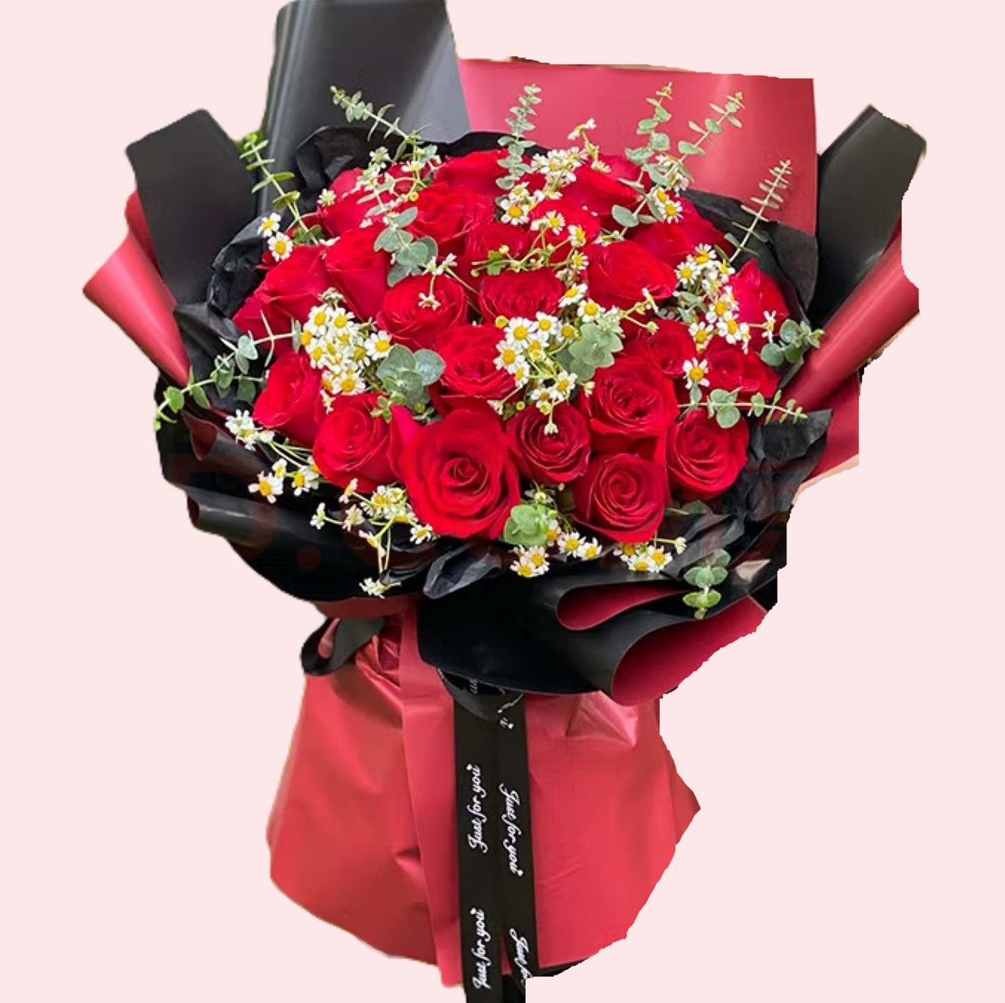 Bouquet of 33 red roses with chamomile and eucalyptus leaves