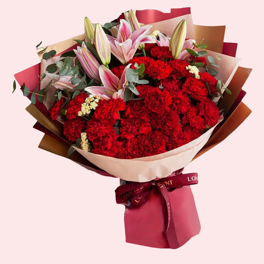 33 red carnations and lilies bouquet
