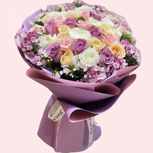 33 roses in 4 colors: purple, champagne, white, pink with baby's breath bouquet