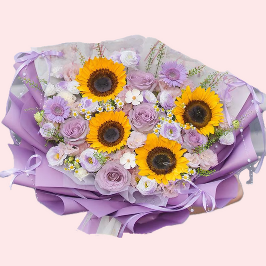 4 sunflowers, 5 purple roses, 3 pink lisianthus, chamomile, violet, green bellflower bouquet