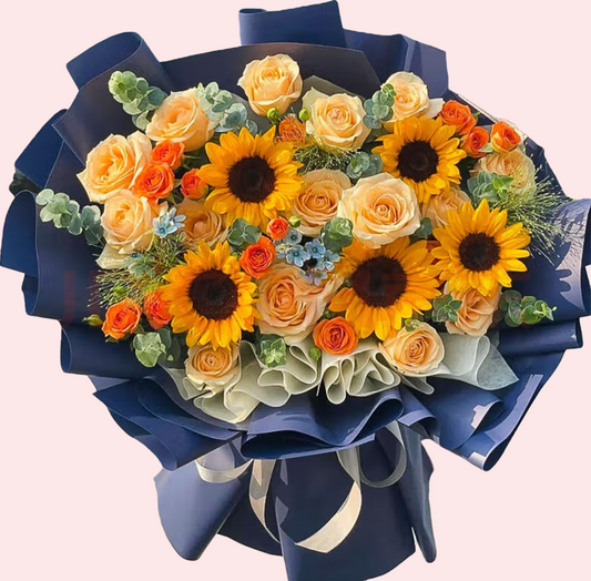 5 sunflowers, 15 champagne roses, blue star flowers, and orange bubble flowers