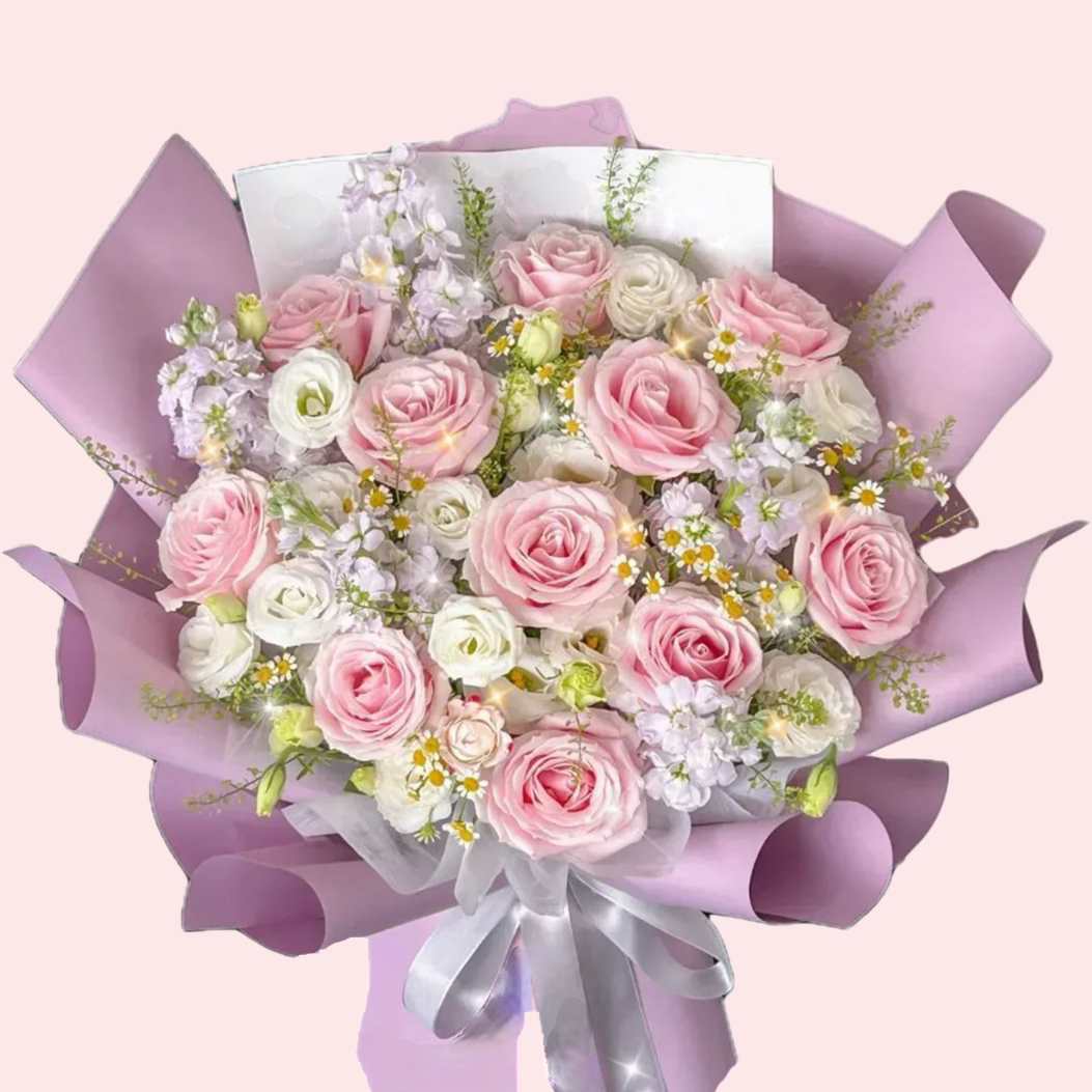 Bouquet of 11 pink roses with violet, white platycodon and chamomile