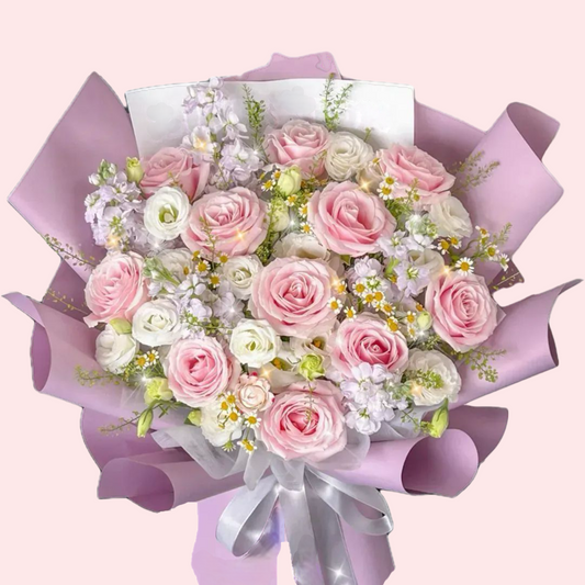 Bouquet of 11 pink roses with violet, white platycodon and chamomile
