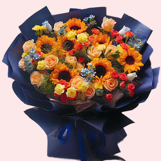 Large seven-flower sunflower, champagne rose, carnation, blue star flower, orange bubble flower