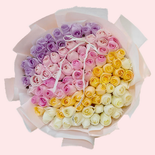 99 roses in 5 colors purple, pink, yellow and white