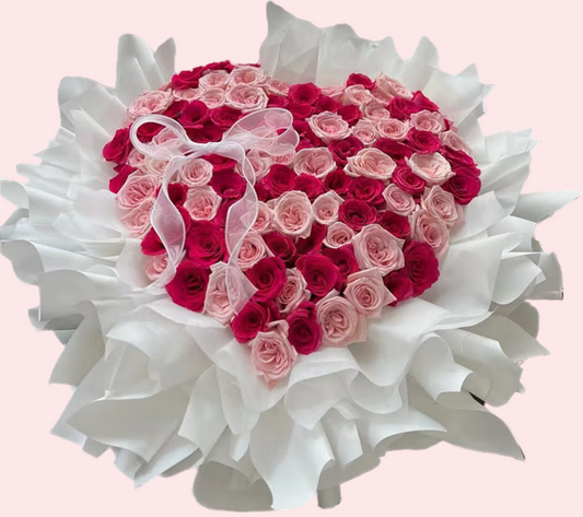 99 heart-shaped or round pink and red mixed rose bouquets