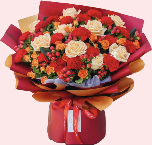 19 red carnations and 8 champagne roses with red bean flowers and orange mini multi-headed bubble flowers