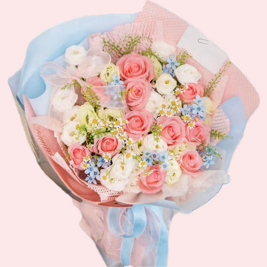 11 pink roses with white lisianthus and small blue stars bouquet