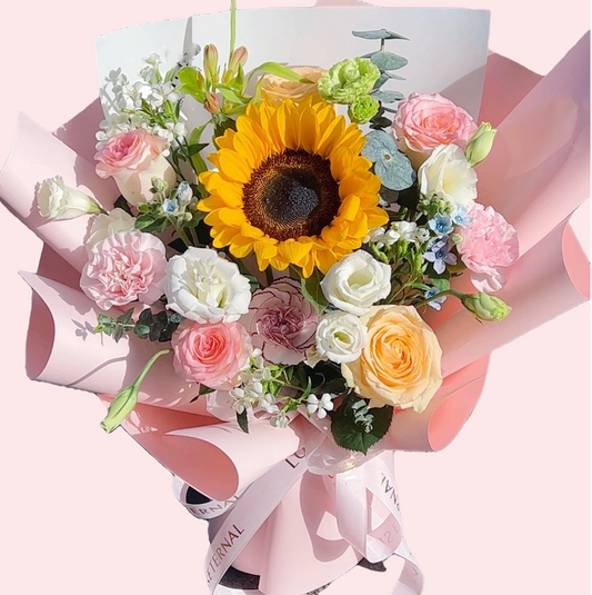 1 sunflower, pink and white roses, carnations with small blue lisianthus flowers, eucalyptus leaves bouquet
