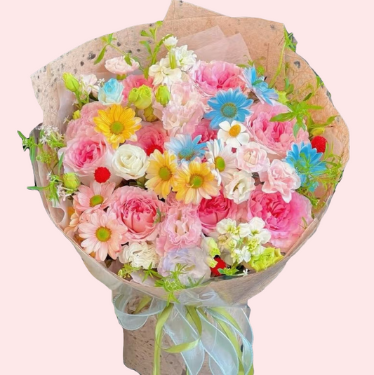Bouquet of multicolored roses, carnations, gerberas, violets and lisianthus